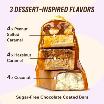 Fitness SHOCK Protein Bars Variety Pack - No Added Sugar, Low Calorie Low Carb Snack - Peanut Salted Caramel, Hazelnut Caramel, Coconut - 180 Kcal, 0g Added Sugar, 8g Fat, 13g Net Carbs - 12 x 50g