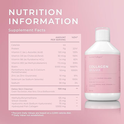 Swedish Collagen Deluxe | 12,500 mg Hydrolyzed Marine Collagen Liquid Supplement - 500 ml, 20 Day Supply | Hyaluronic Acid, Biotin and Vitamin C for Healthy Hair, Skin, Nails and Joints | Sugar-Free