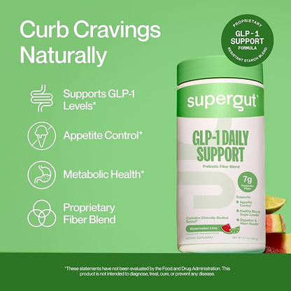 Supergut GLP1 Daily Support - Watermelon Lime - High Fiber GLP-1 Supplement Powder for Women & Men - Sugar-Free Drink Mix for Gut Health & Digestive Support (18 Servings)
