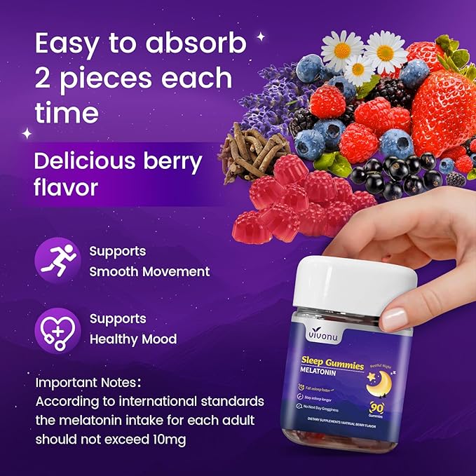 Melatonin Gummies 10mg, 9-in-1 Natural Herbal Sleep Aids for Adults, Sleep Gummies with Magnesium Glycinate, Valerian Root, L-Theanine and Vitamin B6, etc, 45 days supply, Non GMO, Berry Flavored