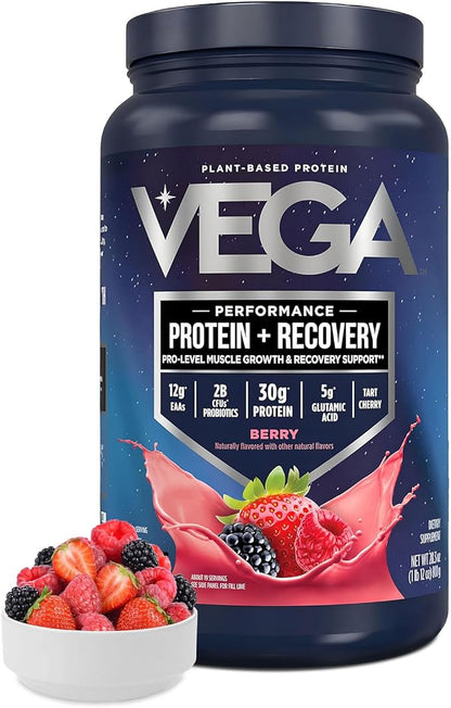 Vega Sport Vegan Protein Powder + Recovery - 30g Plant Based Protein per Serving, Berry, 19 Servings, 5g BCAAs, Probiotics, NSF Certified, for Shakes & Smoothies, 1.8lbs (Packaging May Vary)