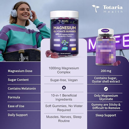 Magnesium Glycinate Gummies 400mg - Magnesium Complex Gummy with Malate, Taurate & Citrate - Supports Sleep, Relaxation, Brain & Muscle - 60 Count Blueberry Flavor (Sugar Free & Vegan)