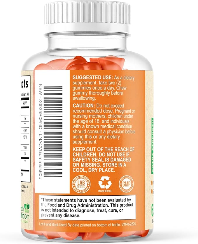 Apple Cider Vinegar Gummies - Sugar Free - Apple Cider Vinegar Powder 1000mg Per Serving - Max Strength ACV Gummy Vitamins - B12 & The Mother - Metabolism & Energy Support - Keto & Vegan - 60 Gummies
