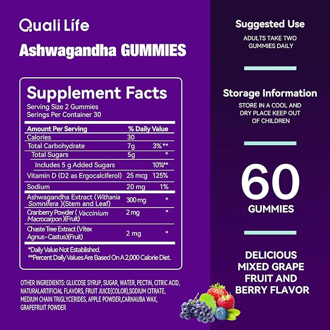 Ashwagandha Gummies for Relax & Cortisol Support – High Strength Root Extract with Cranberry & Chaste Tree, Grapefruit & Berry Flavour – Vegan, Non-GMO, Gluten-Free – 60 Gummies (30 Days)