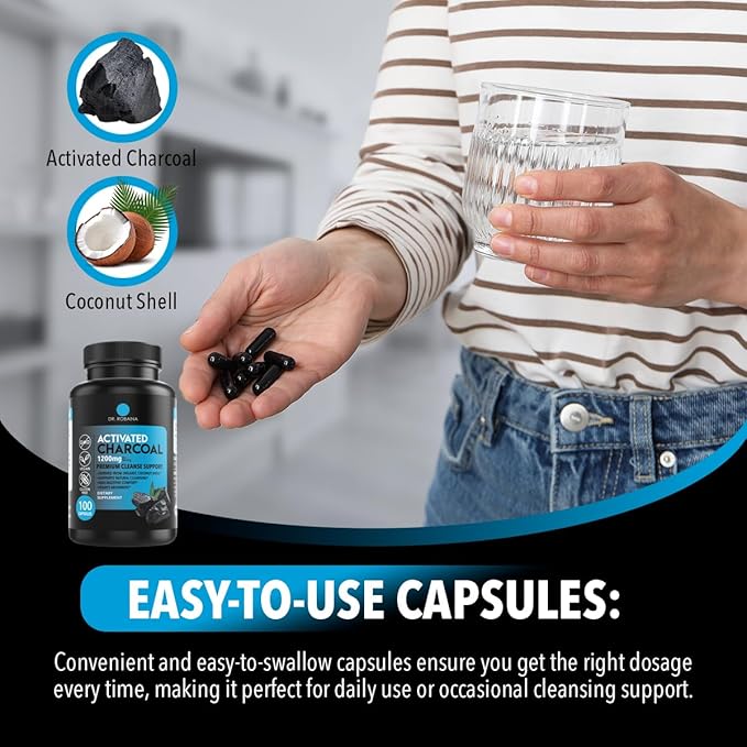 Dr. Robaina Activated Charcoal Capsules 1200 mg – Coconut-Shell Carbon for Gas & Bloating Relief, Digestive Comfort & Next-Morning Support – Vegan • Non-GMO – 100 Count, USA Made