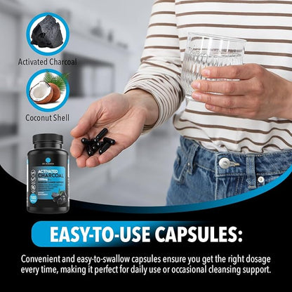 Dr. Robaina Activated Charcoal Capsules 1200 mg – Coconut-Shell Carbon for Gas & Bloating Relief, Digestive Comfort & Next-Morning Support – Vegan • Non-GMO – 100 Count, USA Made