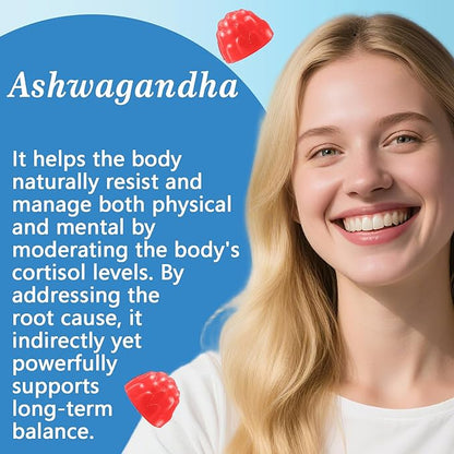 Cortisol Supplements for Women, Calm Magnesium Glycinate Gummies, Ashwagandha, L-Theanine, GABA, D3, B6, Mood Anxiety Sleep Relax, Raspberry Flavour, Vegan 90 Gummies