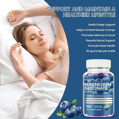 Magnesium Glycinate Gummies 1000mg, Sugar Free Magnesium Potassium Supplements Chewable for Adults with L-Threonate for Sleep, Body Support and Relaxation,90 Blueberry Gummies