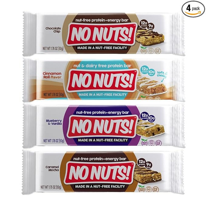 No Nuts! Protein Bar Variety Pack 4 Count Sampler | Nut-Free & School-Safe | Chocolate Chip, Caramel Mocha, Cinnamon Roll & Blueberry Vanilla | Dairy-Free, Vegan, Non-GMO, Organic, Kosher