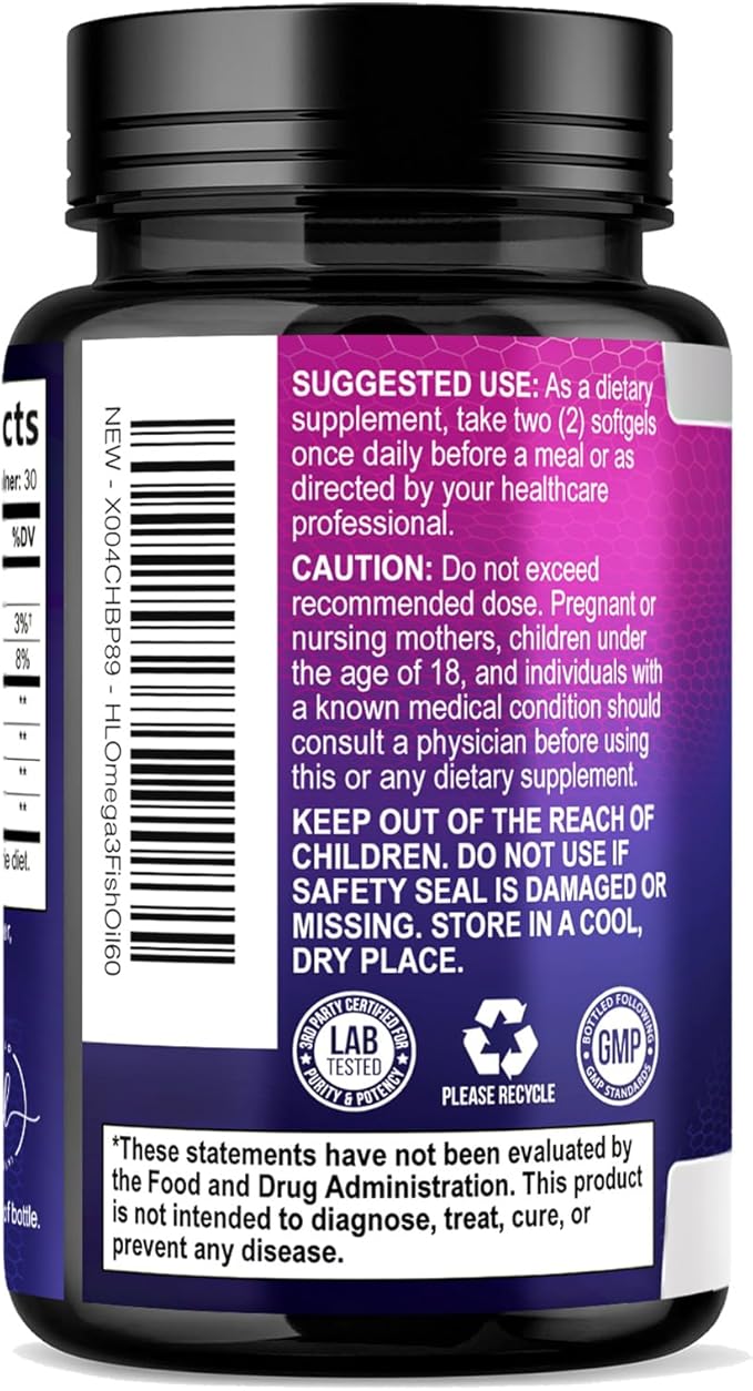 Omega 3 Fish Oil Supplements - 2400mg Fish Oil Per Serving - Triple Strength Omega-3 with EPA & DHA Fatty Acids - Natural Heart, Brain & Immune Support - Wild Caught, Bottled in USA - 60 Softgels