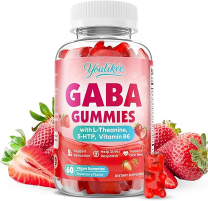 GABA Gummies 500mg with L-Theanine, 5-HTP, Vitamins B6, B12, D3 and Ashwagandha, Melatonin-Free, GABA Supplements for Adult, Sugar-Free, Strawberry Flavor, 60 Count