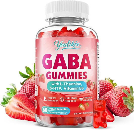 GABA Gummies 500mg with L-Theanine, 5-HTP, Vitamins B6, B12, D3 and Ashwagandha, Melatonin-Free, GABA Supplements for Adult, Sugar-Free, Strawberry Flavor, 60 Count