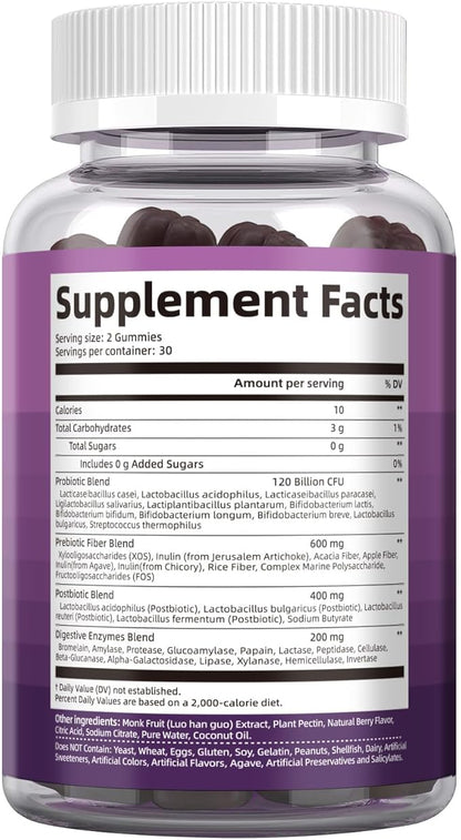Migcopat Pre Post Probiotics Gummies, Probiotic Prebiotic Postbiotic Digestive Enzymes with Fiber, 120 Billion CFU Probiotics for Gut Health, Sugar Free, Vegan, BlackBerry Flavor, 120 Cts