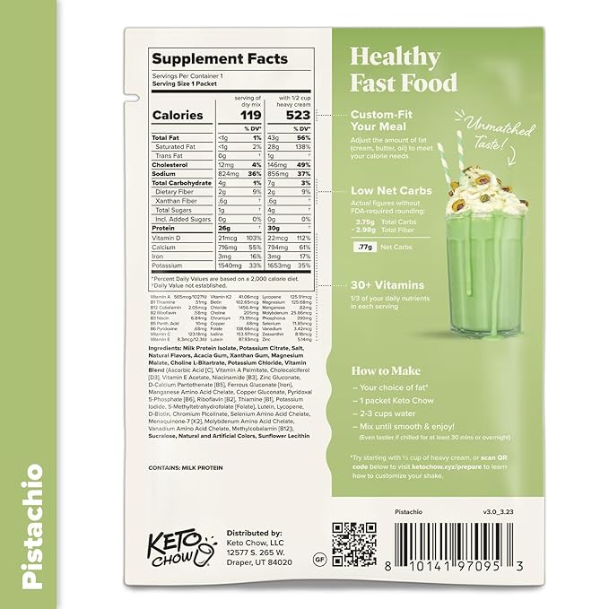 Keto Chow Pistachio | Keto Meal Replacement Shake Powder | Nutritionally Complete | Low Carb | Delicious Easy Meal Substitute | Protein Rich You Choose The Fat | Single Meal Sample