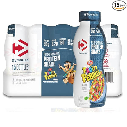 Dymatize Performance Protein Shake, Fruity Pebbles, 30g Protein, 6.1g BCAA for Muscle Recovery, No Added Sugar, Low Fat, 24 Vitamins & Minerals, Gluten-Free, Ready to Drink, On-the-Go Snack, 11.5 fl oz, 15 pack
