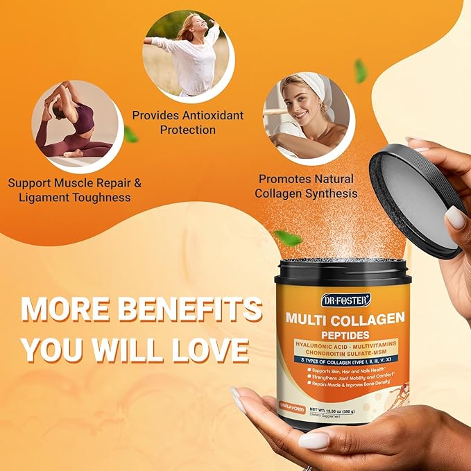 DRFOSTER Multi Collagen Peptides Powder for Women Men with MSM + CS & D3 - Type I, II, III, V, X Hydrolyzed Collagen with Vitamin C & Hyaluronic Acid for Skin Hair Nails & Joint, Non-GMO, 35 Servings