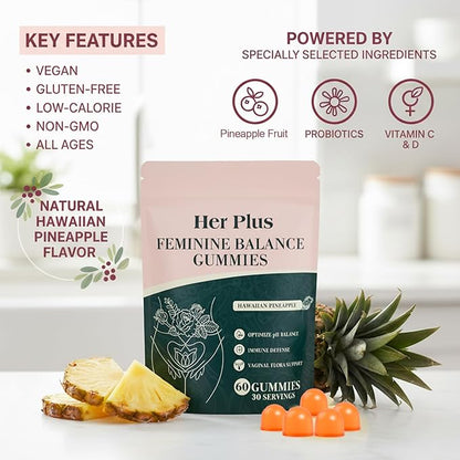 Nutrition Feminine Gummies, Premium Feminine Balance Gummies for Women Health, Hawaiian Pineapple Flavor, Vegan Gluten Free 60 Gummies 30 Servings