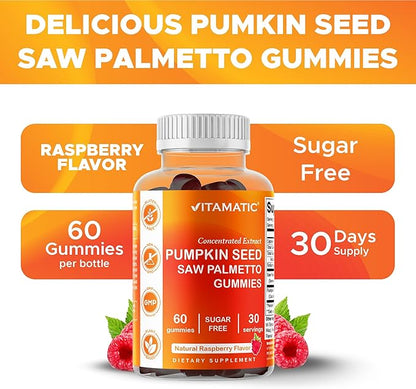 Vitamatic Pumpkin Seed 20:1 Extract & Saw Palmetto 10:1 Extract Gummies – Sugar-Free Botanical Extract – Natural Raspberry Flavor – Vegan, Non-GMO, Plant-Based Gummies – 60 Count - 2 Pack (120 Count)