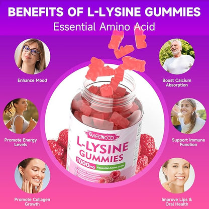 MEENCCD L-Lysine 1000mg Gummies, Lysine Supplement for Adults & Kids, Essential Amino Acid Supplement Supports Collagen Formation, Sugar-Free, Raspberry Flavor, 60 Count