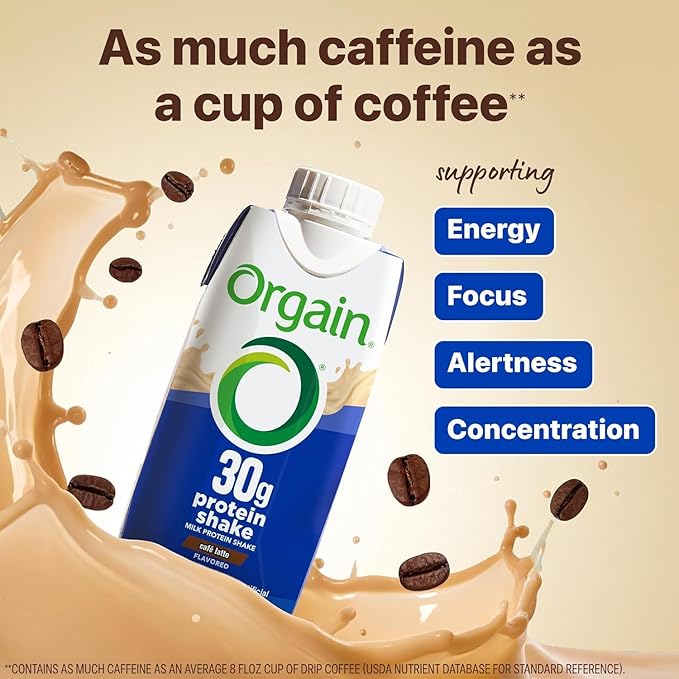 Orgain 30g High Protein Shake,Café Latte,5g BCAAs,1g Sugar Per Serving,Caffeine from 1 Cup of Coffee,Milk Isolate,Meal Replacement,Ready to Drink,Keto Friendly,Gluten-Free 11 Fl Oz,(Pack of 24)
