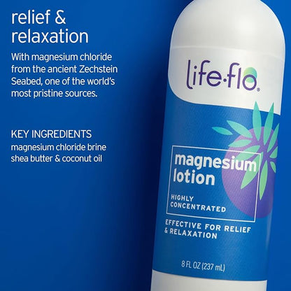 LIFE-FLO Magnesium Lotion and Pure Magnesium Oil Spray Bundle - with Magnesium Chloride from The Zechstein Seabed - 100% Magnesium Oil for Feet and Body and Unscented Lotion, 8 Oz Pack of 2, Unscented