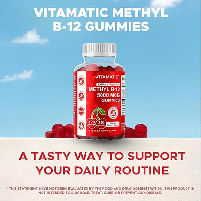 Vitamatic Extra Strength Vitamin B12 5000 mcg (Methyl B12) Gummies - 240 Count, Natural Cherry Flavored