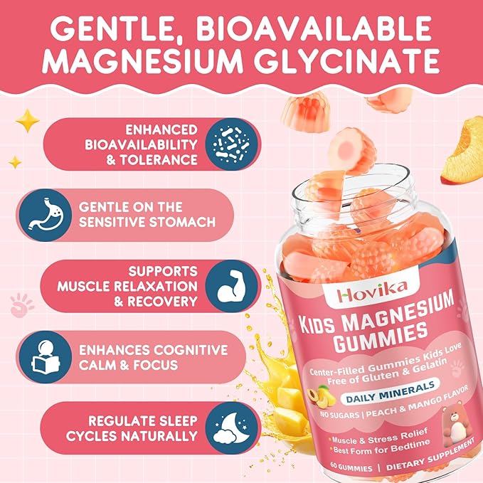 Magnesium Glycinate Gummies for Kids: Calm Magnesium Supplement for Kids & Adults with Zinc Citrate, GABA, Chamomile, Vitamin B6 & C - Sleep, Relaxation & Focus, Juicy Peach & Mango Flavor 60 Count