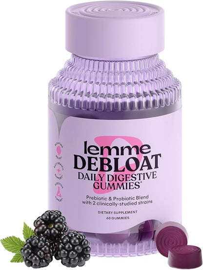 Lemme Debloat - Digestive & Gut Health Gummies with 2 Clinically Studied Probiotics & Prebiotic, Vegetarian, Gluten Free, Non GMO, BlackBerry Flavor (60 Count)