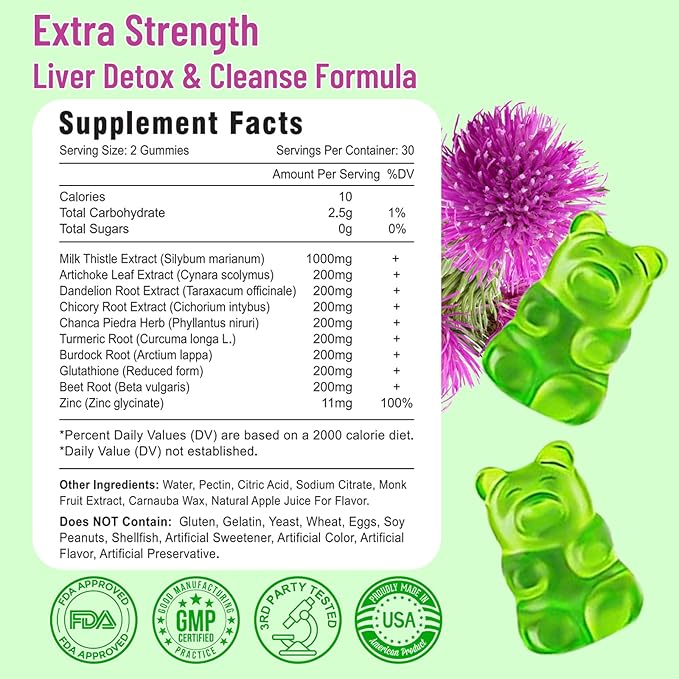 Liver Cleanse Detox Repair Gummies, Milk Thistle Gummies with Artichoke, Dandelion for Liver Support, Vegan & Non-GMO, Gelatin-Free, Apple Flavor 120ct