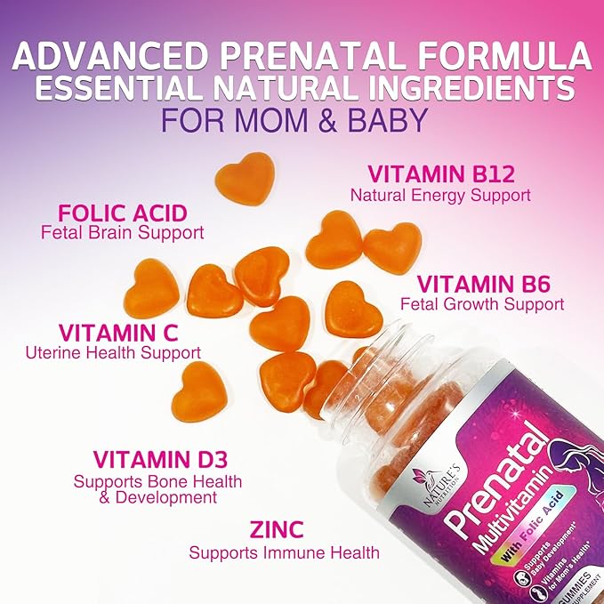 Prenatal Vitamins for Women - Pregnancy Vitamins Gummies with Folic Acid, Vitamin A, C, D3, B12, B6 - Prenatal Multivitamin Gummy for for Fetal Support, Pregnant & Nursing Women - 60 Gummies