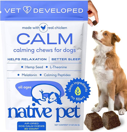Native Pet Calming Chews for Dogs Small Breed - Promotes Calming Effect, Supports Emotional Balance & Reduces Hyperactivity - Hemp Seed, Melatonin for Dogs, L-Theanine & Casein - 30 Days Supply