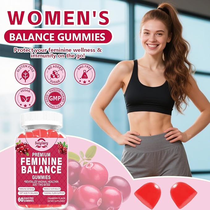 Feminine Probiotics Gummies, Vaginal Health & Women's pH Balance Gummy Supplement with Cranberry Pineapple Powder, Sugar Free Vegan, 60 Count (Cranberry)
