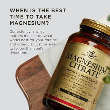 Solgar Magnesium Citrate, 120 Tablets - Promotes Healthy Bones - Supports Nerve & Muscle Function - Non GMO, Vegan, Gluten Free, Dairy Free, Kosher - 60 Servings, Standard Packaging