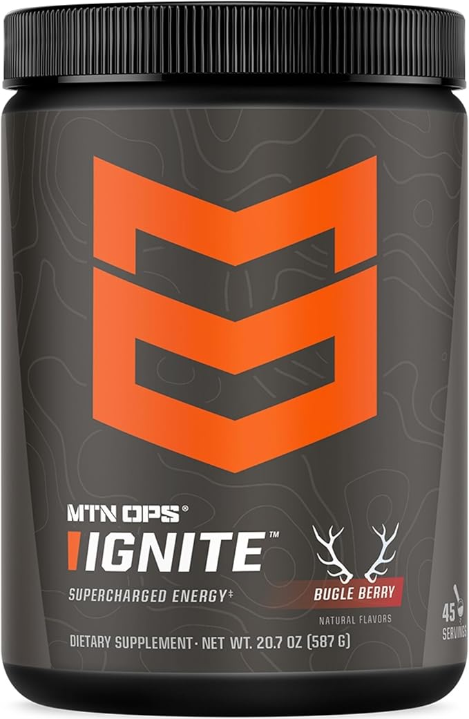 MTN OPS Ignite Sugar Free Energy Drink Powder with 200mg Caffeine, Nootropic Blend for Energy, Focus & Endurance, L Arginine & L Citrulline Pre Workout, 45 Servings, Bugle Berry