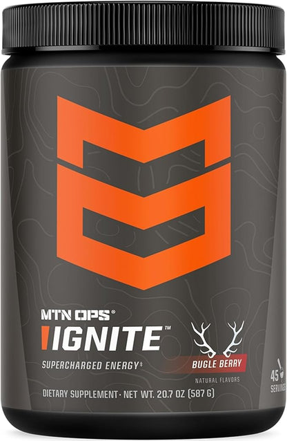 MTN OPS Ignite Sugar Free Energy Drink Powder with 200mg Caffeine, Nootropic Blend for Energy, Focus & Endurance, L Arginine & L Citrulline Pre Workout, 45 Servings, Bugle Berry