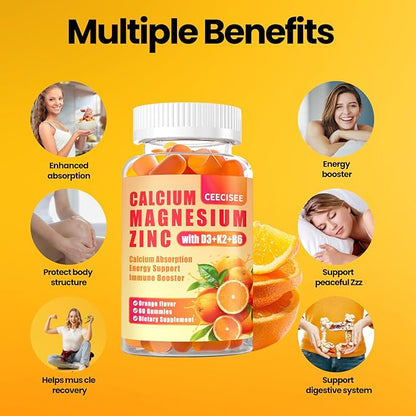 Calcium Magnesium Zinc Gummies with D3 &B6 &K2,1000mg Calcium Gummies with 300mg Magnesium Support Immune Energy for Adults and Teens,Sugar Free(120Count)