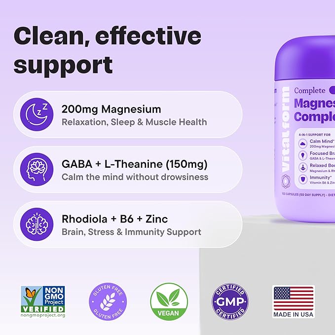 Magnesium Glycinate Sleep Complex – Non-Habit Forming Support with L-Theanine, GABA, Zinc & Rhodiola – Promotes Relaxation, Calm & Muscle Recovery – Non-Melatonin – 100 Capsules