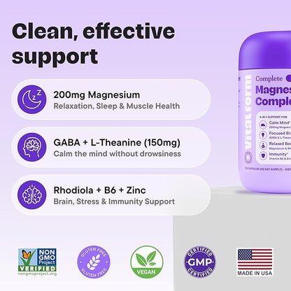Magnesium Glycinate Sleep Complex – Non-Habit Forming Support with L-Theanine, GABA, Zinc & Rhodiola – Promotes Relaxation, Calm & Muscle Recovery – Non-Melatonin – 100 Capsules