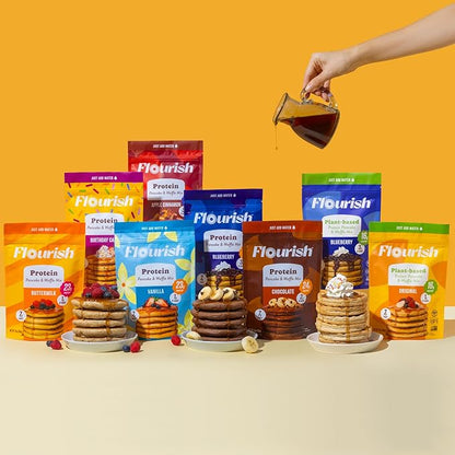 Flourish Protein Pancake & Waffle Mix, with Whey Protein & Flax Seed, No Added Sugar, High in Protein & Fiber - Just Add Water - Chocolate Flavour, 430g (3 Pack) - Made in Canada