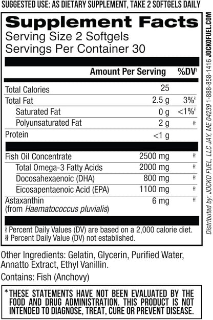 Jocko Fuel Omega 3 Fish Oil Supplement 2000mg - Burpless Fatty Acid Supplement, Wild Caught, Powerful Antioxidant with Astaxanthin (60 Capsules)