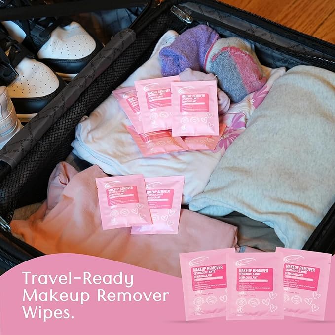 Air Jungles 250 Count Bulk Makeup Remover Wipes, Individually Wrapped Cleansing Face Lid Eyes Waterproof Makeup, Infused with Vitamin E for All Skin Types, Fragrance-Free-Hotel Travel Size Toiletries