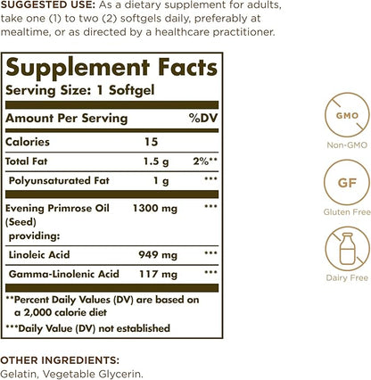 Solgar Evening Primrose Oil 1300 mg, 60 Softgels (Pack of 2) - Promotes Healthy Skin - Nutritional Support for Women - Non-GMO, Gluten Free, Dairy Free - 120 Total Servings