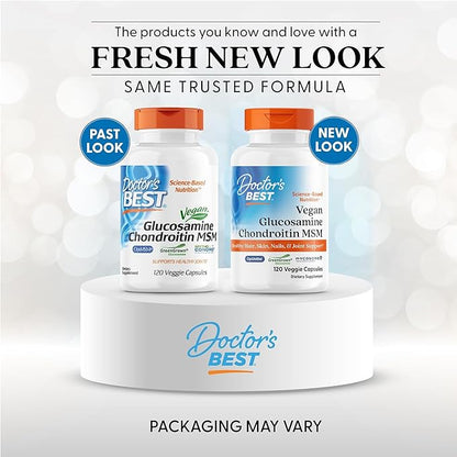 Doctor's Best Vegan Glucosamine Chondroitin MSM - Joint Health Support Supplement for Women & Men, Nutritional Support for Joint Strength, Hair, Skin, & Nails, Gluten Free, Non GMO - 120 Veg Capsules