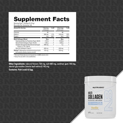 NutraBio Multi Collagen Powder- Hydrolyzed Collagen Peptides for Glowing Hair & Skin- Grass-Fed- Collagen Powder for Women and Men- 45 Servings- Vanilla