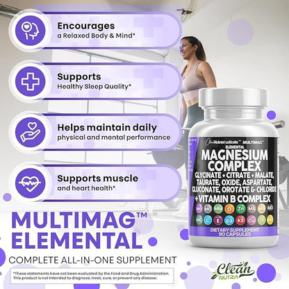 Clean Nutraceuticals Magnesium Complex with Magnesium Glycinate Citrate Malate Oxide Taurate Aspartate Orotate & Mag Chloride, Zinc Copper Manganese (90 Count (Pack of 2))