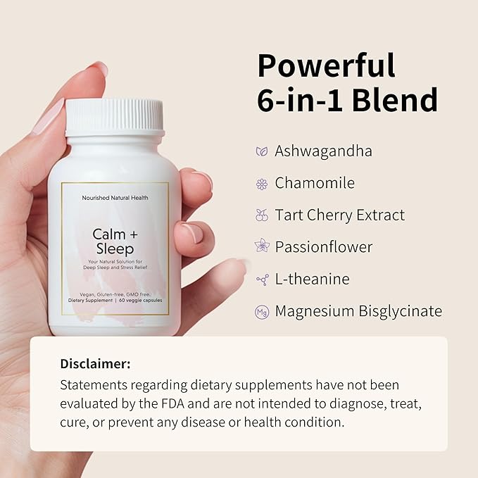 Nourished Natural Health Calm + Sleep – Relaxation & Melatonin-Free Sleep Supplement for Women, Cortisol Support with Ashwagandha, L-Theanine, Magnesium & Valerian Root–Vegan & Non-GMO – 360 Capsules