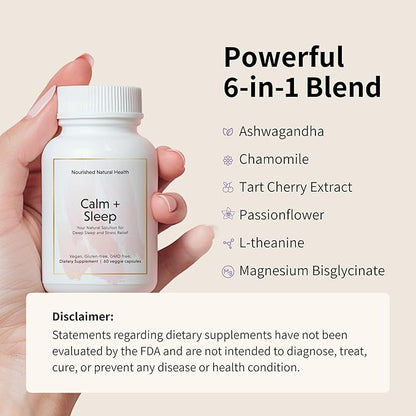 Nourished Natural Health Calm + Sleep – Relaxation & Melatonin-Free Sleep Supplement for Women, Cortisol Support with Ashwagandha, L-Theanine, Magnesium & Valerian Root–Vegan & Non-GMO – 360 Capsules