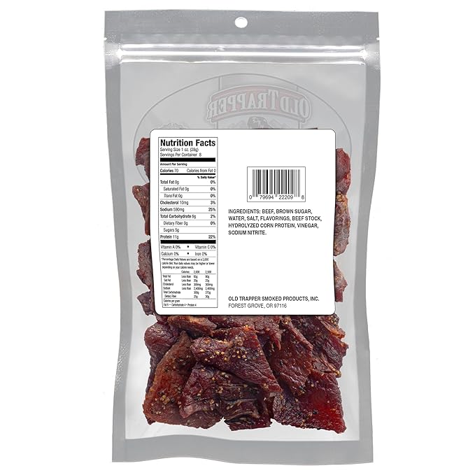 Old Trapper Beef Jerky, Peppered 8 Ounce Pack, Spicy Meat Snacks for Lunches or Between Meals, 11 Grams of Protein, Zero Grams of Fat, and 70 Calories per Serving (Pack of 2)