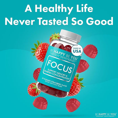 Focus Gummies – NAD+ Brain Supplement with Phosphatidylserine, Alpha GPC Choline & Green Tea Extract – Memory & Focus Support – Strawberry – 60 Count – Made in USA