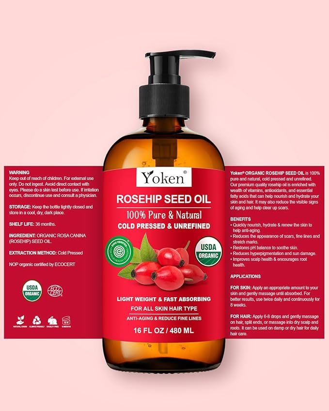 Yoken Organic Rosehip Seed Oil, USDA 100% Pure Rosehip Oils for Face, Hair & Body, Large Glass Bottle 16 fl oz Cold Pressed Rose Hip Oil for Skin Care, Moisturizing, Massage, Gua Sha & DIY Blends